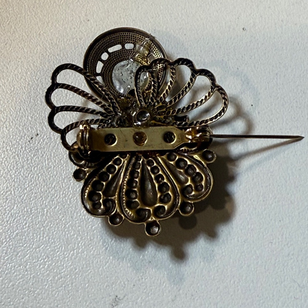 Vintage Gold Tone Brooch with Rhinestone Center & US Seal Button - Picture 3 of 3